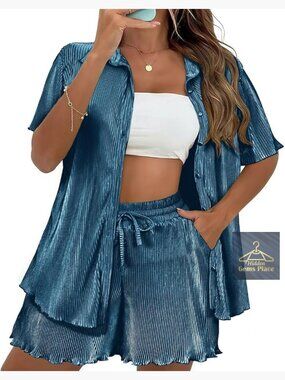 Plus Size 2 Piece Set Pleated Button Down Shirt & Wide Leg Shorts Pajamas